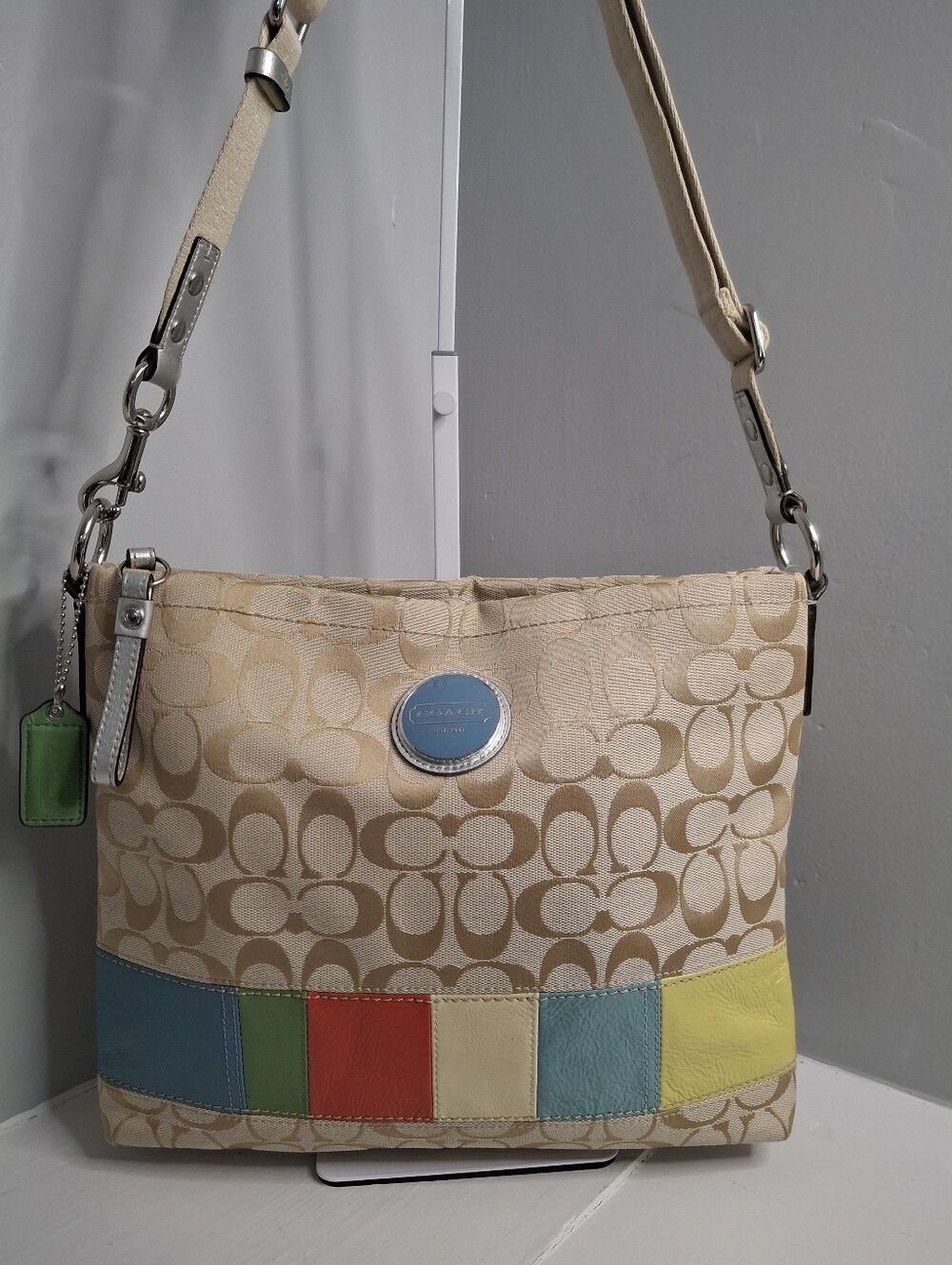 Coach Rainbow Stripe Signature Shoulder Bag F17441 Colorblock Patchwork Purse